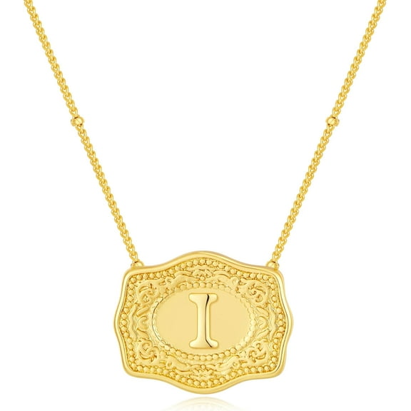 Belt Buckle Initial Letter Necklace For Women,14k Gold Plated With Embossed Charm Pendant Necklaces Dainty Sliver Western Personalized Gift Jewelry