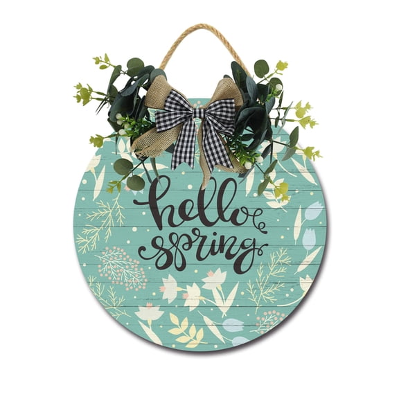 Front Door Porch Decorations Hello Spring Door Hanging Sign 11 inch Wooden Wall Sign, Rustic Holiday Wreath Decor for Front Door Porch Home Window Wall Farmhouse Decorations