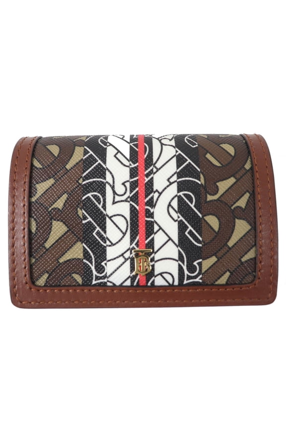 Pre-Owned BURBERRY TB All-Over Print Compact Chain Wallet, Leather Bifold Brown,... (Good)