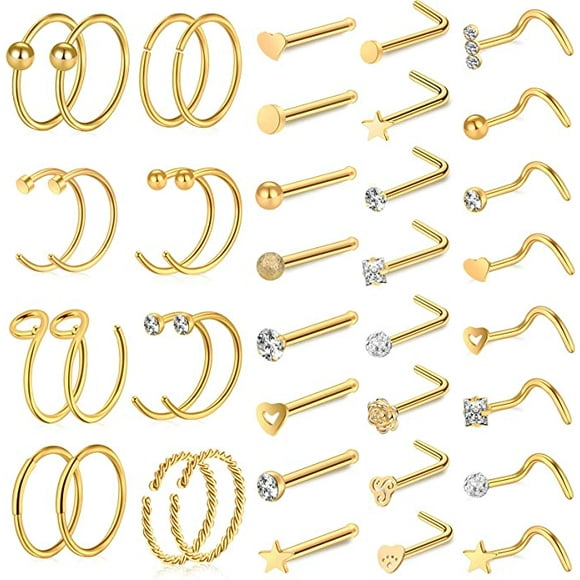 ONESING 40 PCS 20G Nose Rings for Women Nose Piercings Jewelry Gold Nose Rings Hoops Nose Studs Screw for Women Men
