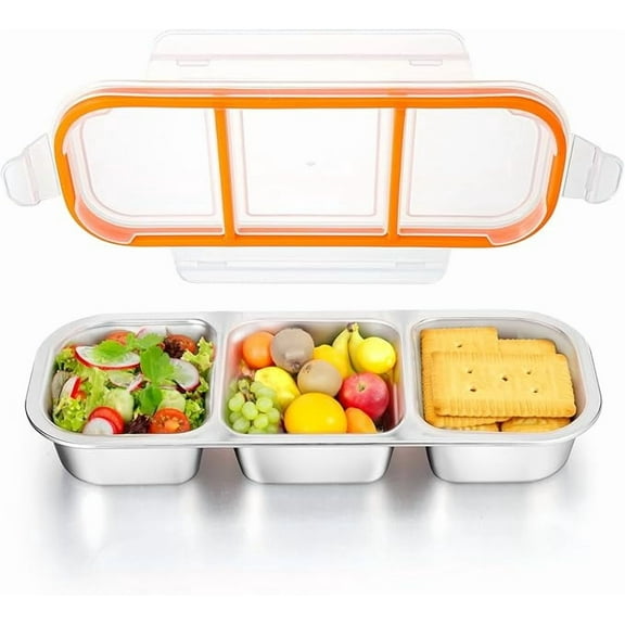 Annvchi tainless Steel Snack Containers - Reusable 3 Compartment Snackle Box Container with Lids for Kids Adults, Divided Snack Food Storage Containers for School, Home, Travel