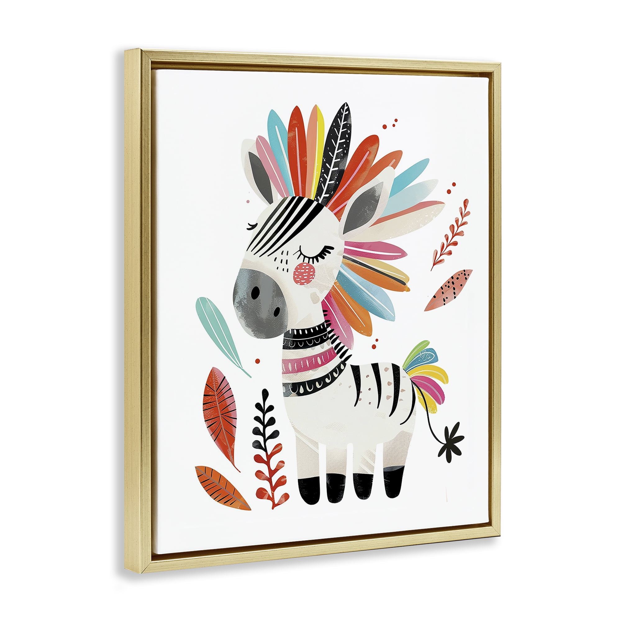 Stupell Industries Rainbow Blooms Zebra Animals Painting Gold Floater Framed Canvas Art Print Wall Art, 17 x 21