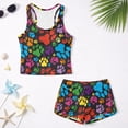 thumbnail image 5 of COEQINE Girls Two Piece Tankini Bathing Suit with Chest Pad, Crewneck Sleeveless Summer Swimwear, Modest Rash Guard Set Swimsuit for Big Kid Preteen 10-11 Years, Retro Colorful Paw Print, 5 of 8