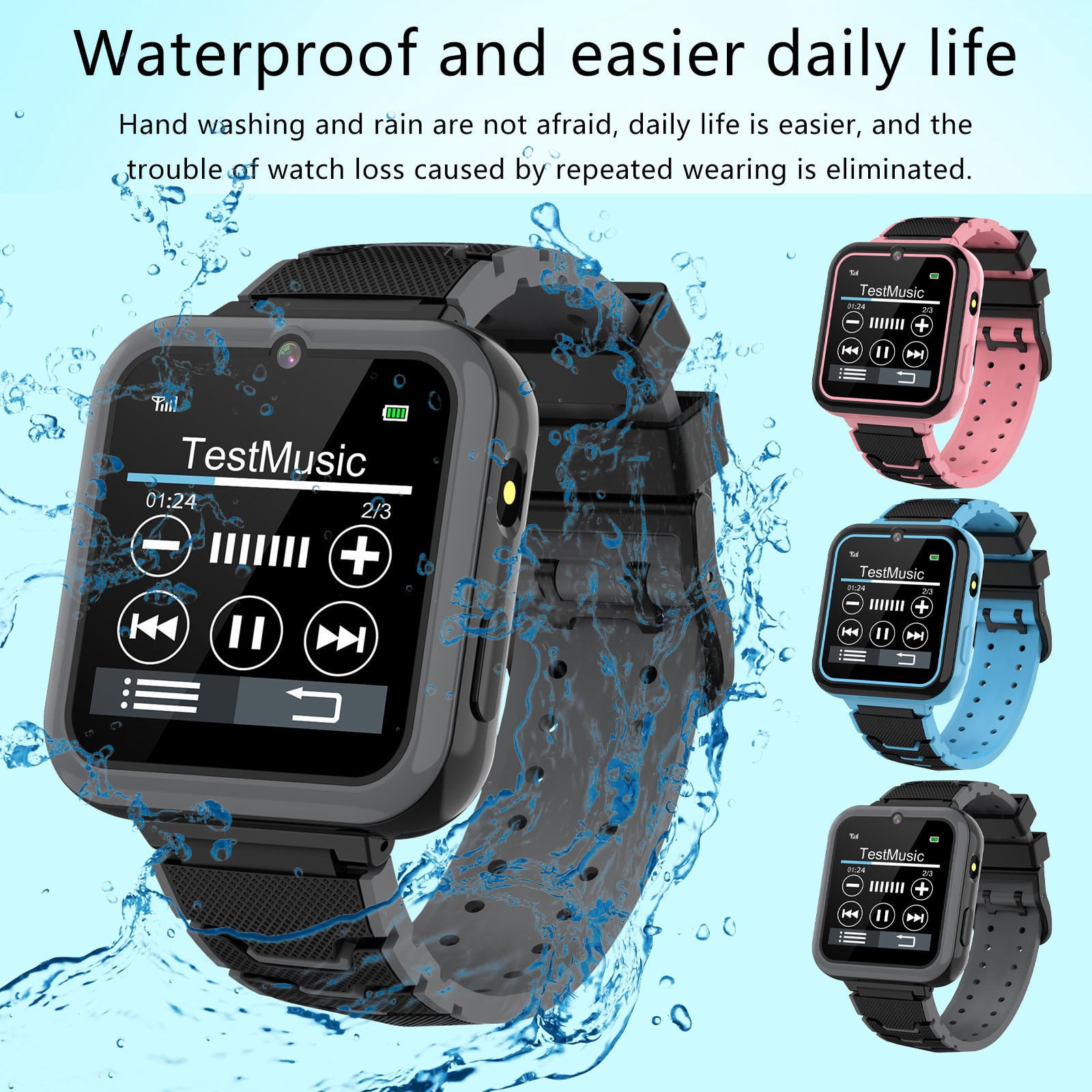 Nkmbld Portable Wristwatches with Game Smart Clock Music Play Flashlight Smart Watch, IP68 Waterproof for Gift, Black