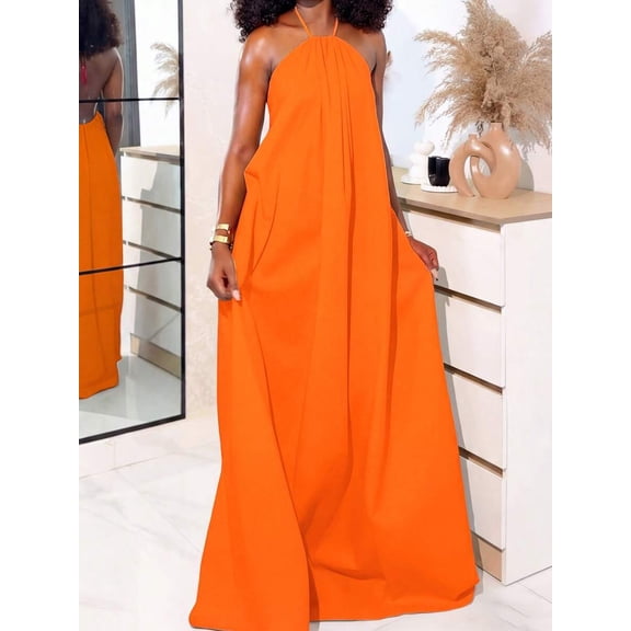 Orange Solid Color Halter Backless Maxi Dress For Beach Casual Vacation Style