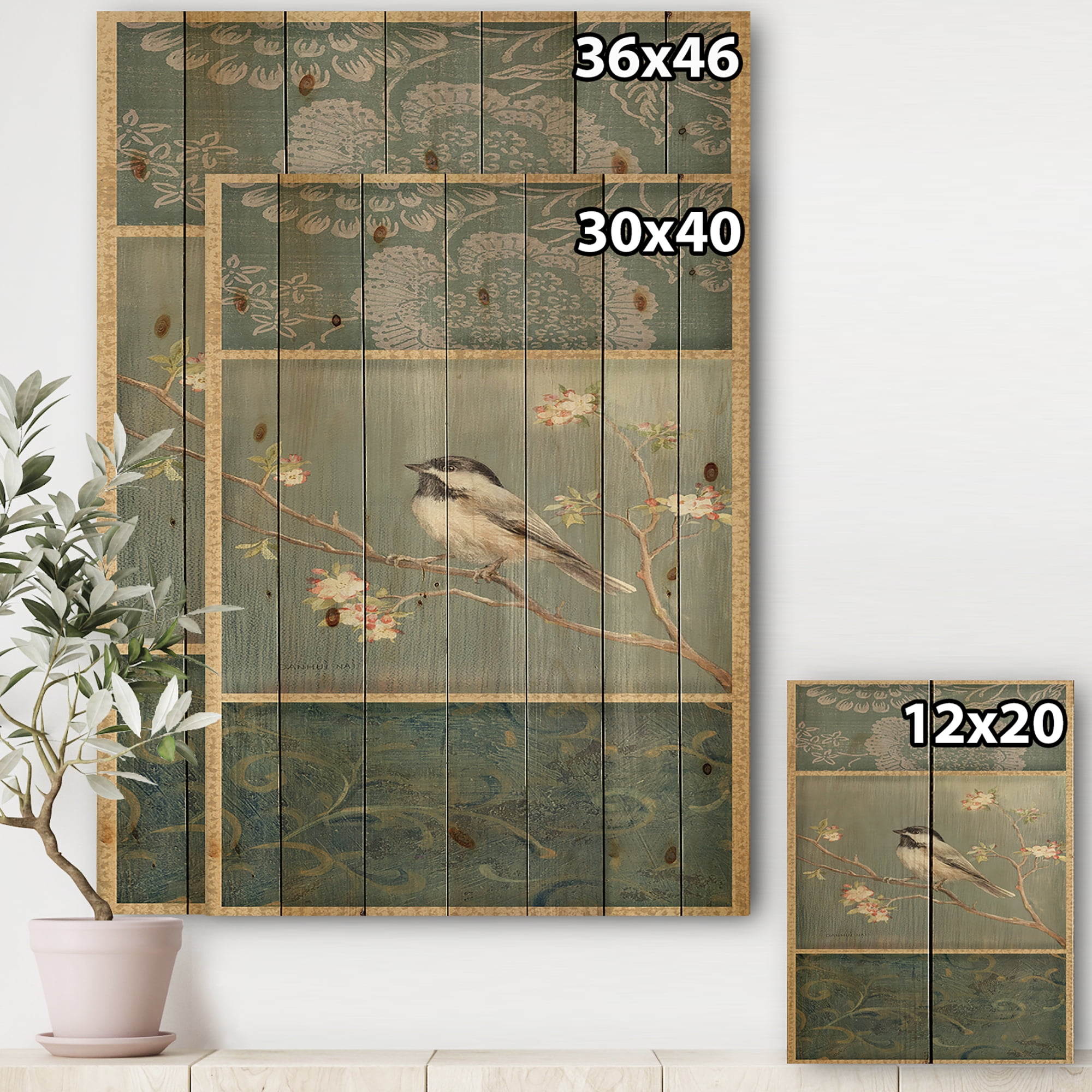 Designart 'Farmhouse Triptych of Blue Ornaments And Chickadee' Farmhouse Print on Natural Pine Wood