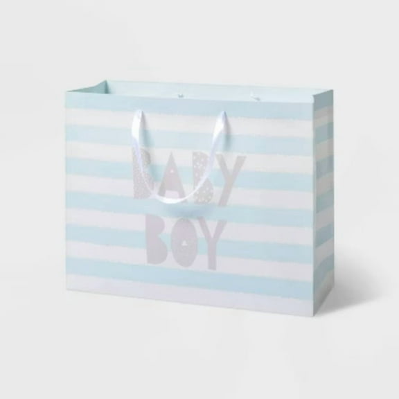 Medium Striped Baby Shower Gift Bag - Spritz: Blue Baby Boy Gift Bag, 10" x 12.75", Paper, Stripes