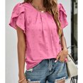 thumbnail image 5 of Women Round Neck Top Pleated Neckline Short Petal Sleeves Jacquard Fabric Casual Summer T Shirt Rose Red S, 5 of 8