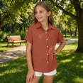 thumbnail image 4 of WOYY Girls Short Sleeve Button Down Shirt Casual Solid Loose Fit Pocket Shirt, Sizes 3-16, 4 of 5