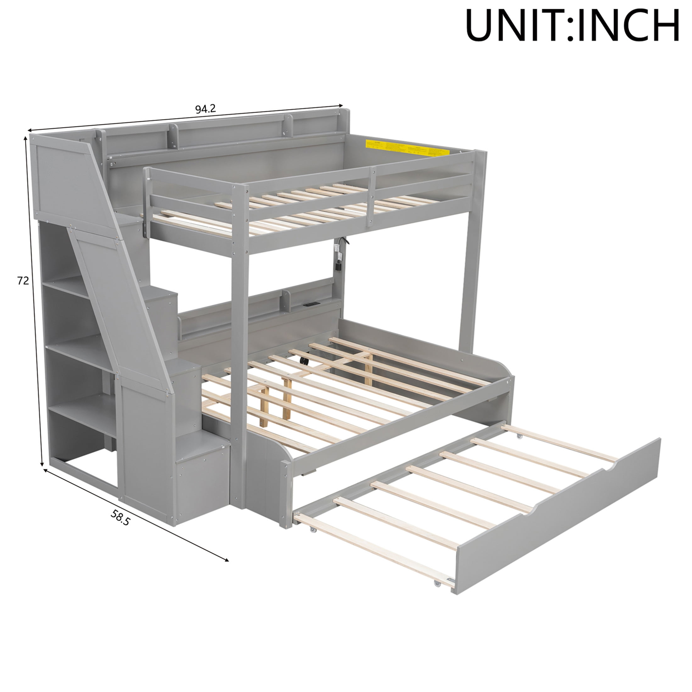 Noble House Aldorin Twin over Full Bunk Bed with Storage Staircase and Trundle, LED Light and Charging Ports, Gray