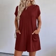 thumbnail image 2 of Womens Summer Casual Romper Short Sleeve Back Zipper Crewneck Shorts Overalls Jumpsuit with Pockets Outfits Wine XL(XL), 2 of 8