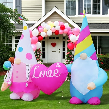 6ft Valentine's Day Inflatable Gnomes - Heart LED Lights - Pink & Blue - Outdoor Yard & Party Decor