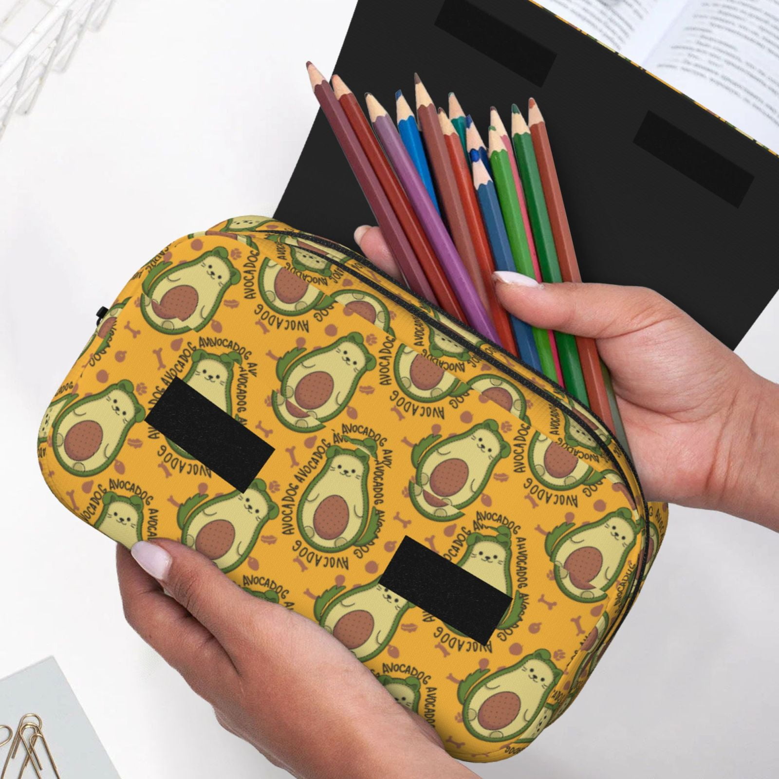 Rateoe Avocado Dog Pattern Double Clamshell Pen Case, Storage Organizer with Two Zipper Compartments– Holds Up to 50 Pencils & Pens