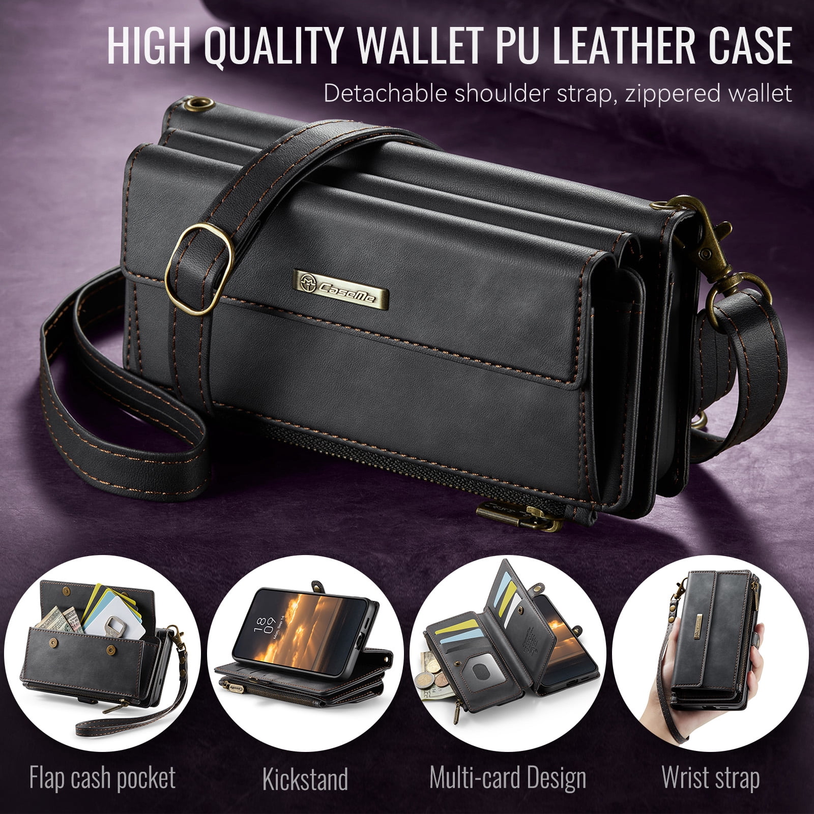 Decase Wallet Case for iPhone 16,Magnetic Flip Zipper Pocket PU Leather Phone Cover,Crossbody Flip Cover with RFID Card Slots,Black