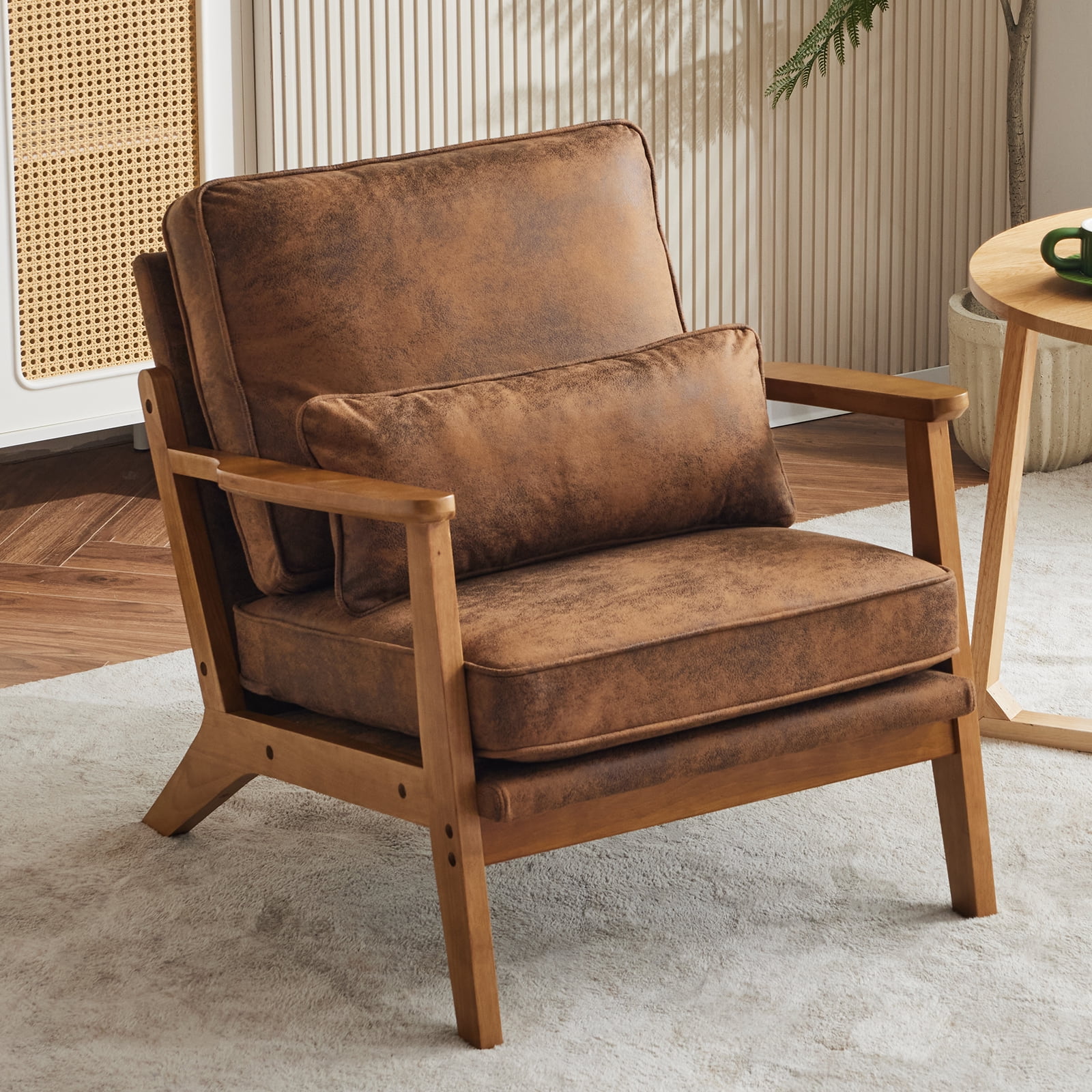 Ktaxon Accent Chair Suede Upholstered Armchair, Reading Club Chair with Pillow for Living Room Bedroom Furniture Brown