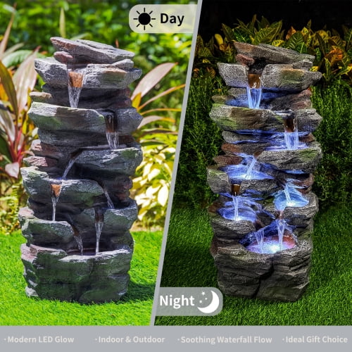 Rock Waterfall Outdoor Fountain with LED Lights, 23.6" Cascading Tiered Stone Garden Fountain, Resin Water Feature for Patio Lawn Backyard Décor, Gray