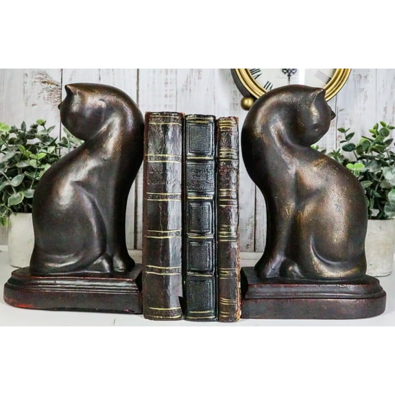 Faux Bronze Feline Cats At Repose Kissing Their Backs Bookends Pair Figurine Set