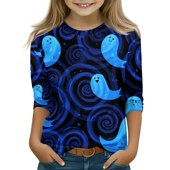 Drmagiyhm 3/4 Sleeve Tops for Girls Size 10-12 Casual Floral Print Shirt Fall Winter Cute Tshirt Girls Halloween Christmas Crewneck Tops Blue 12-14 Years