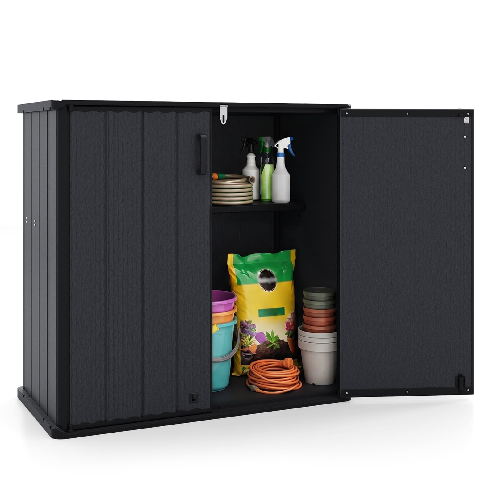 Costway Outdoor Storage Shed, 23.5 Cu.ft All-Weather Storage Box with Floor, Lockable Door Black