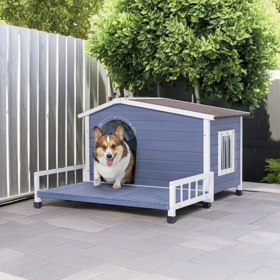 Demi Bonn 44" Outdoor Dog House, Waterproof Puppy Shelter Indoor Doghouse with Elevated Floor, Kennel for Small Medium Dogs with Windows and Door Curtains, Gray