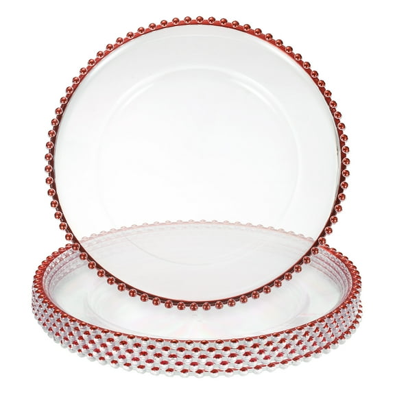 Uxcell 6pcs Clear Charger Plates Bulk, 13" Plastic Round Charger Plates with Bead Trim Dinner Dessert Plate for Wedding Party Event Table Setting Decoration, Red