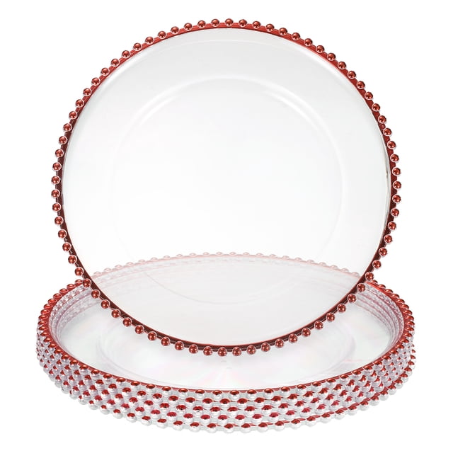 Uxcell 6pcs Clear Charger Plates Bulk, 13" Plastic Round Charger Plates with Bead Trim Dinner Dessert Plate for Wedding Party Event Table Setting Decoration, Red