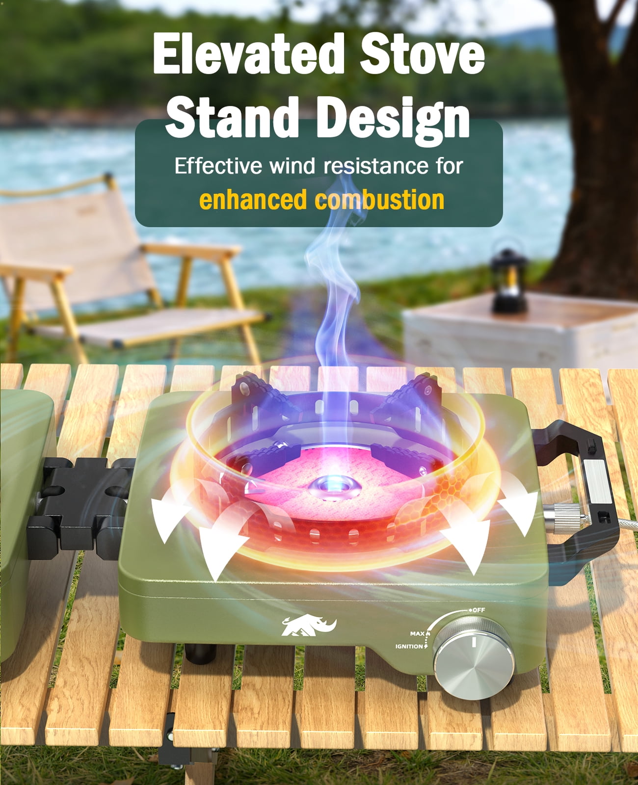 Rhino Valley 2 Propane Burners Camping Stove, 30,000 BTU Folding Camp Stove with Windproof Grates and Frying Pan, Portable Camping Stoves with Carrying Bag, Camping Essentials ,Green