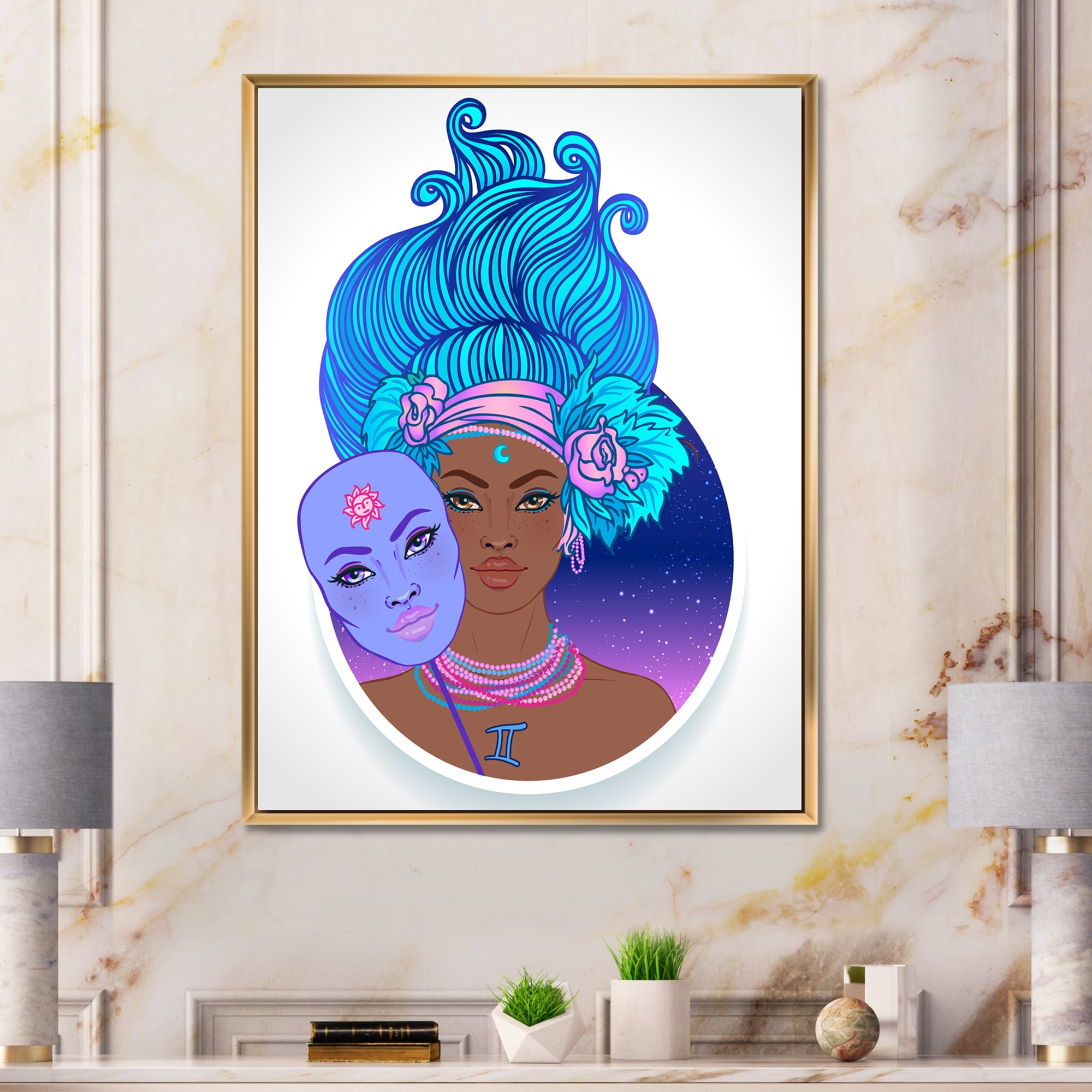 Designart 'Portrait of Afro American Girl With Blue Hair II' Modern Framed Canvas Wall Art Print