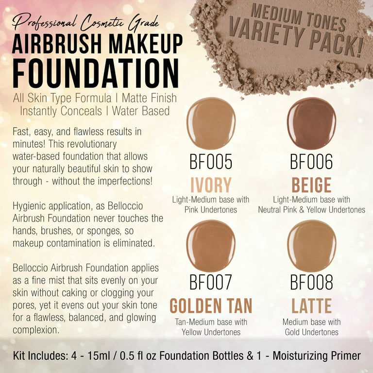 Belloccio Medium Airbrush Makeup Foundation Set Mid Tone Shade Face Cosmetic Kit
