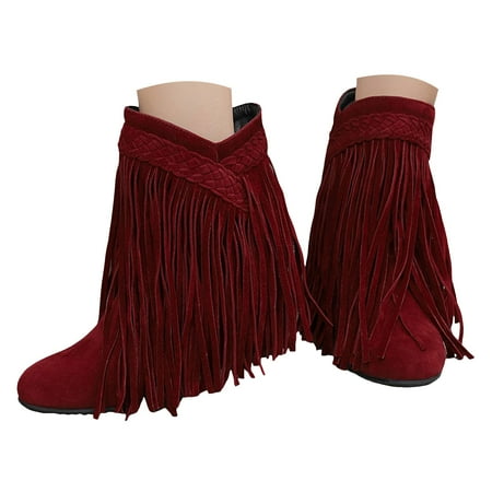 Mepaouo Women s Western Cowboy Cowgirl Boots Fringe Tassel Block Heel Ankle Boots Suede Riding Shoes