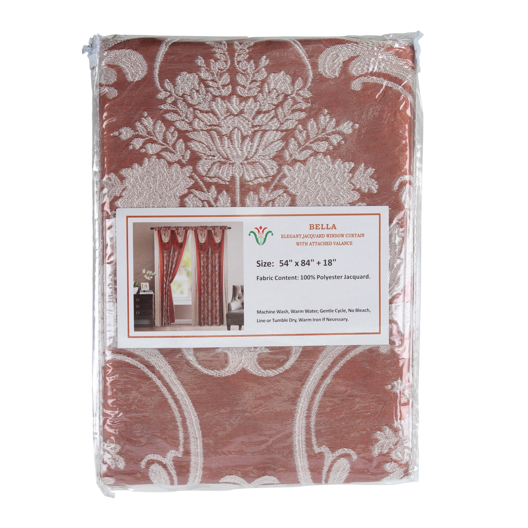 Bella Luxury Jacquard Curtain Panel with Attached Waterfall Valance & Scarf 54 by 84-Inch Brick