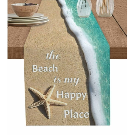 

Blue Ocean Table Runner Beige Starfish Beach Sunshine Text Tablerunners 13 x 48 Inch Table Decorations Tabletop Scarf for Summer Gathering Holiday Farmhouse Kitchen Dining Decor