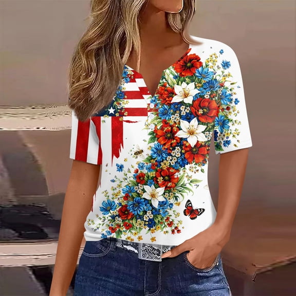 Evdexr Women's Independence Day T Shirts 1776 2026 Henley Shirts Patriotic Short Sleeve Stars and Stripes Tops 4th Of July Graphic Casual Shirt Multicolor 2XL