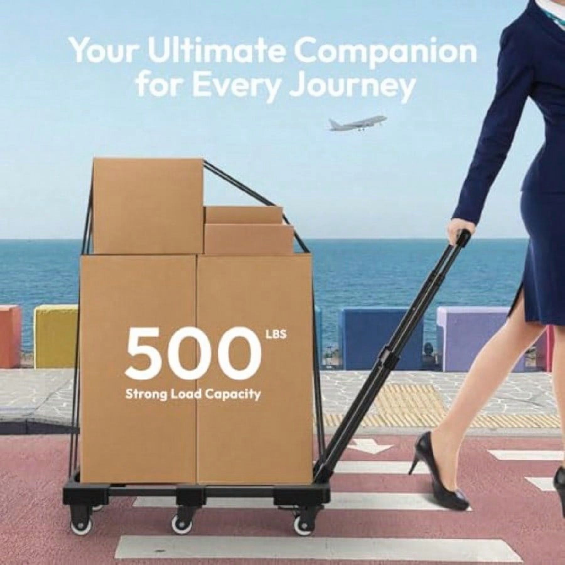 Folding Hand Truck 500lbs Portable Heavy Duty Dolly Cart 6 Wheels Collapsible Lage Cart with 2 Elastic Ropes Compact Trolley Cart for Easy Moving Ideal Hand Cart for Travel and More