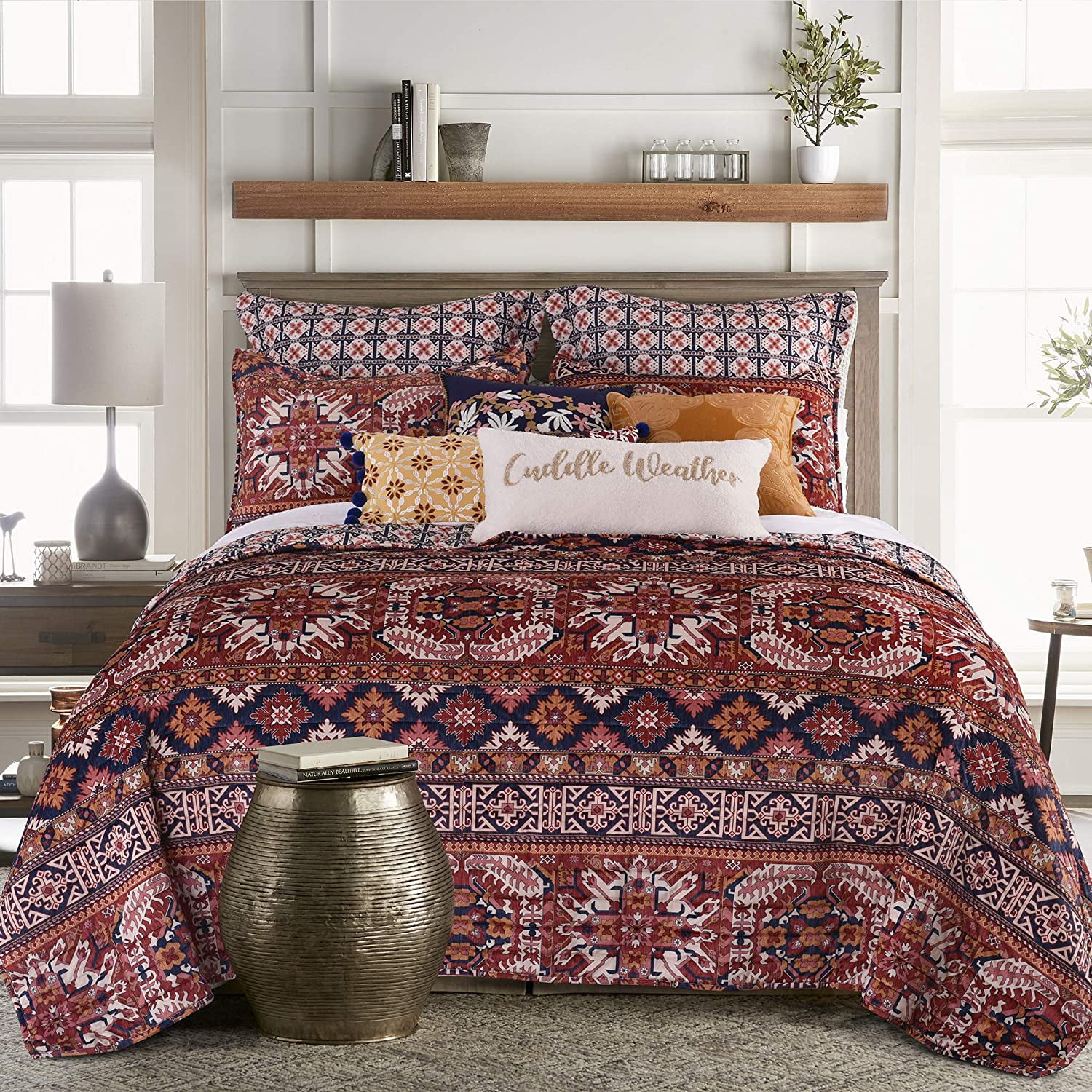 Full Queen Cal King Beige Orange Rust Medallion 6 pc Quilt Coverlet Bedding Set