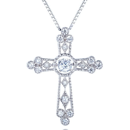 Created White Sapphire Dancing Stone Silver Cross