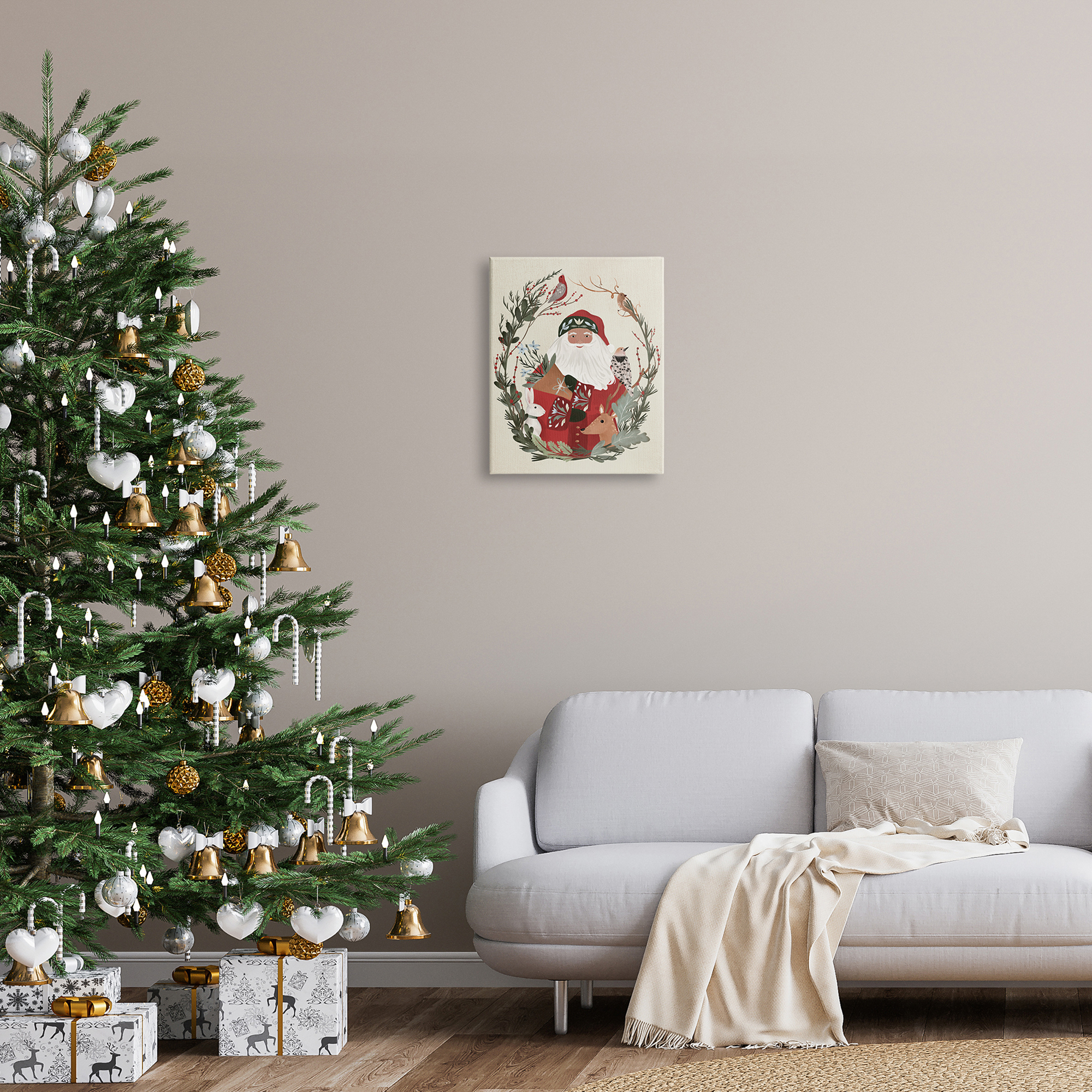 Santa Claus Holiday Wildlife Leaf Botanical Border Animals & Insects Painting Gallery-Wrapped Canvas Print Wall Art