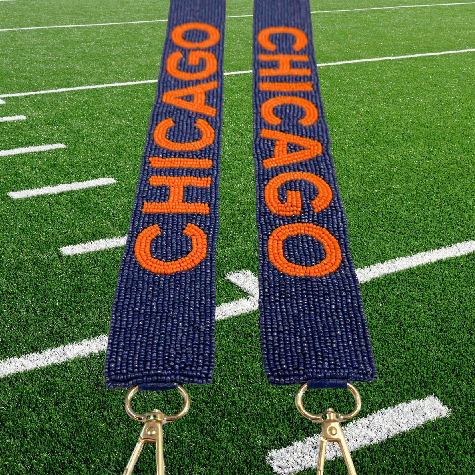Lashicorn Chicago Navy Blue Beaded Purse Strap Orange Letters 49 Pro Football Stadium Approved Clear Bag Bear Gold Hardware Sports Illinois
