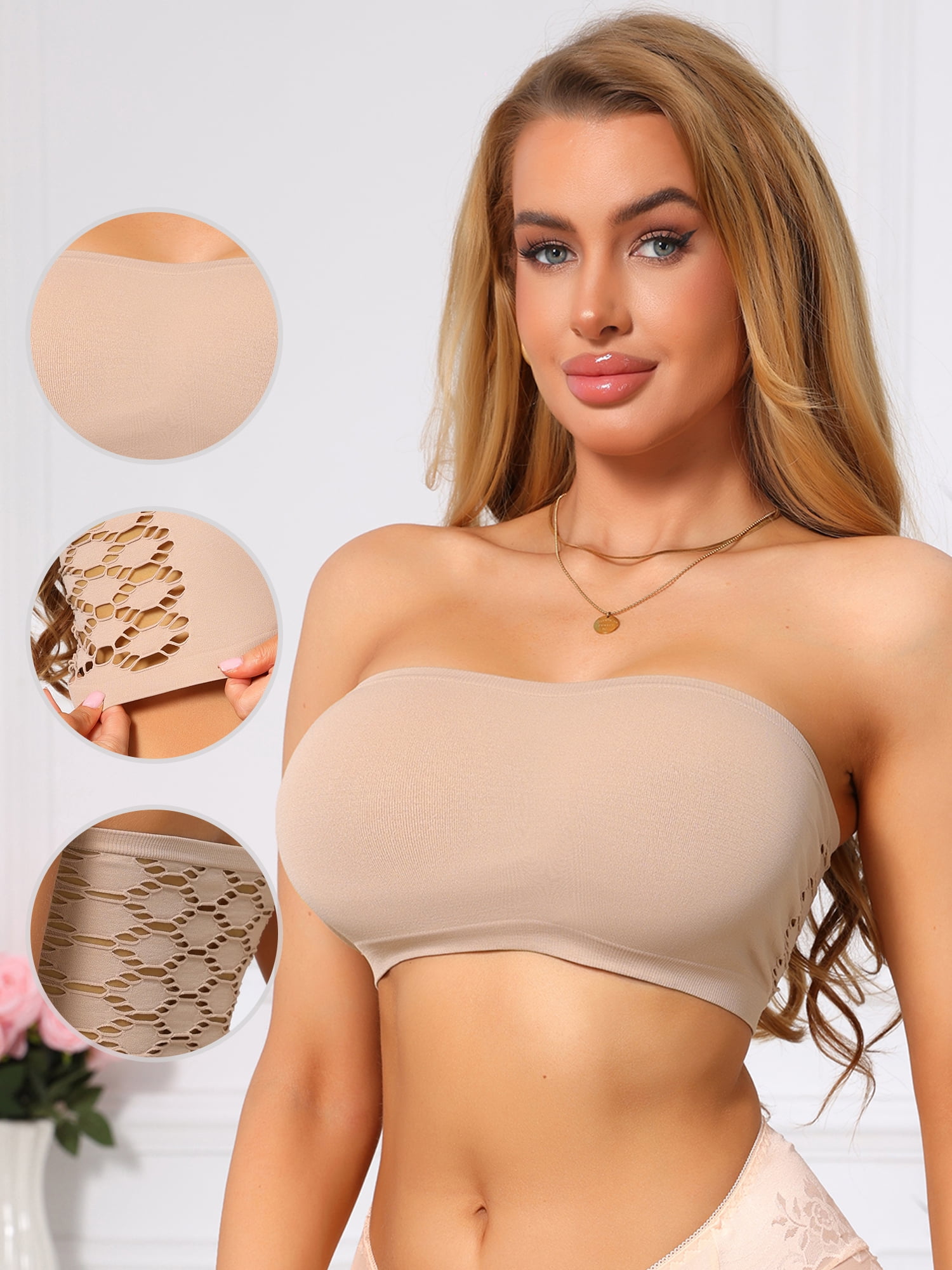 DARING DIVA Women's Strapless Bandeau Bra Tube Top Lace Trim Hollow Out M Beige