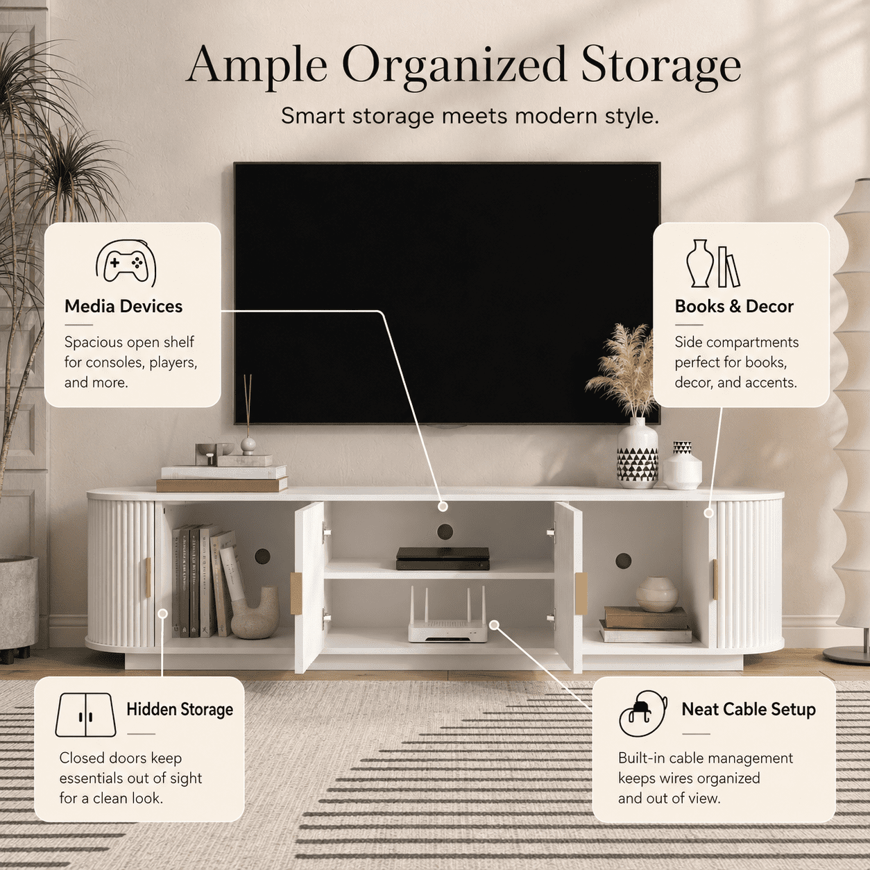 Aukfa 67" Fluted TV Stand for TVs up to 75", Sliding Doors,White