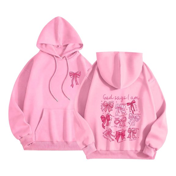 Pink Hoodies for Women Bow Hoodie for Women God Says I Am Graphic Bow Hoodies | Oversized Womens Graphic Sweatshirt Long Sleeve Shirt