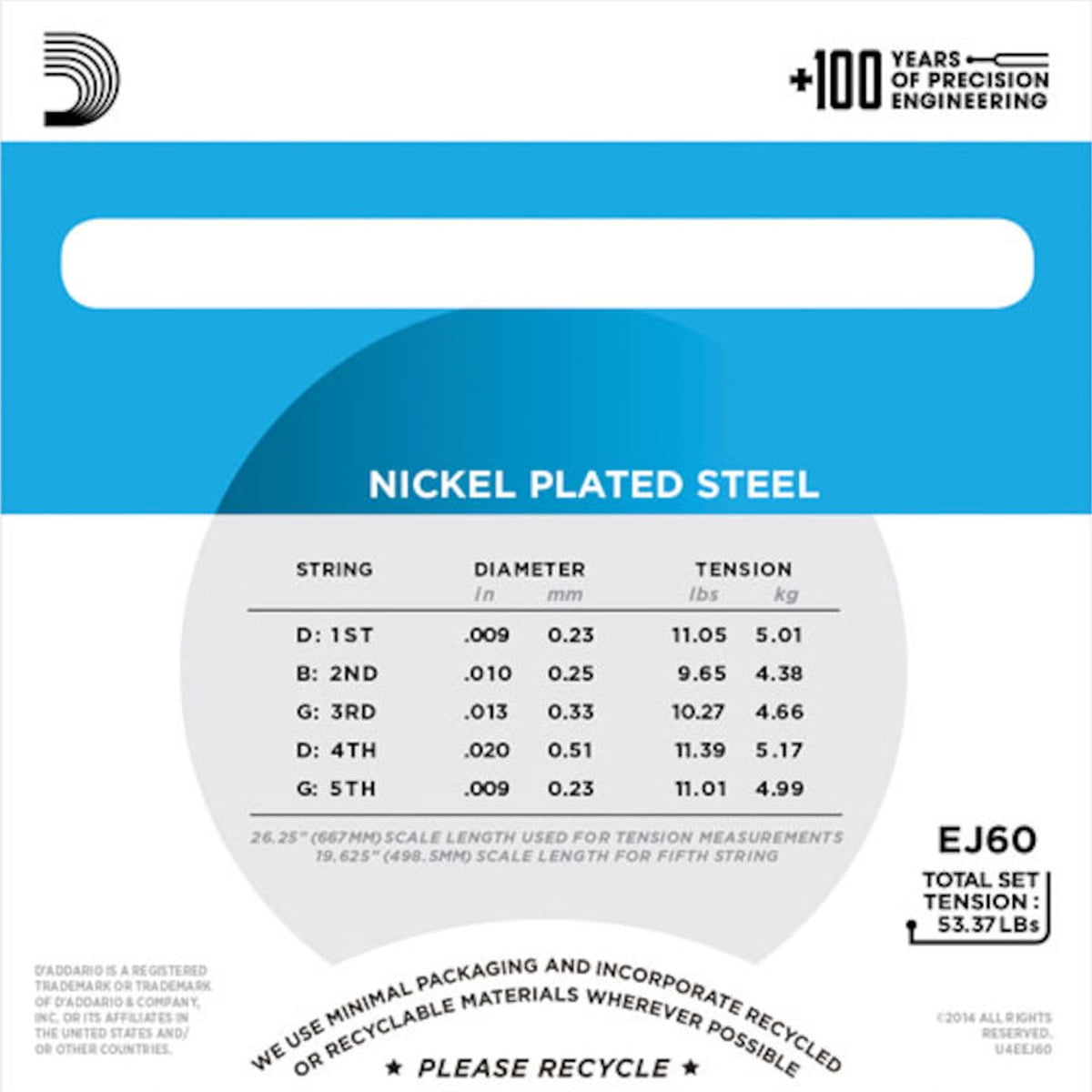 D'Addario Banjo Strings | 5 Sets | EJ60 (form J60) | Nickel Steel | Light