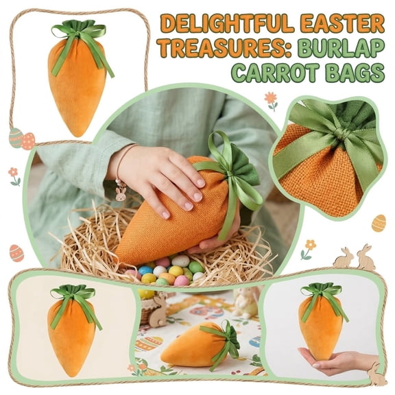 Easter Linen Carrot Candy Bag Rustic Fabric Stuffable Handmade Gift Bag for Spring Holiday Decorations