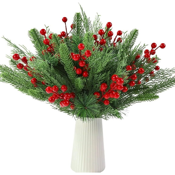 28 PCS Artificial Pine Branches Christmas Faux Pine Greenery Stems Red Holly Berries Fake Cedar Pine Needles Picks for Christmas Tree Wreath Garland DIY Crafts Holiday Home Decoration
