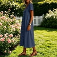 thumbnail image 5 of Ovbmpzd Button-Down Womens Summer Dresses Plain Linen Loose Navy Shift Smocked Maxi V-Neck Summer&nbsp;Dresses&nbsp;for Women,XXL, 5 of 6