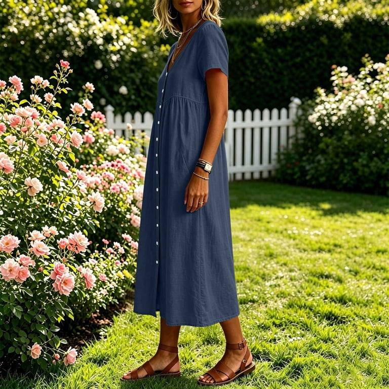 knee length smock dress Dresses for Women Jerdar Women's Summer Casual 3/4 Sleeve Knee-Length Midi Button Down Boho Dress with Pockets M Ladies dresses