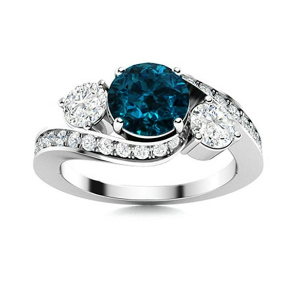 Bypass Side Stone 5MM Round London Blue Topaz Trilogy Women Ring 925 Sterling Silver