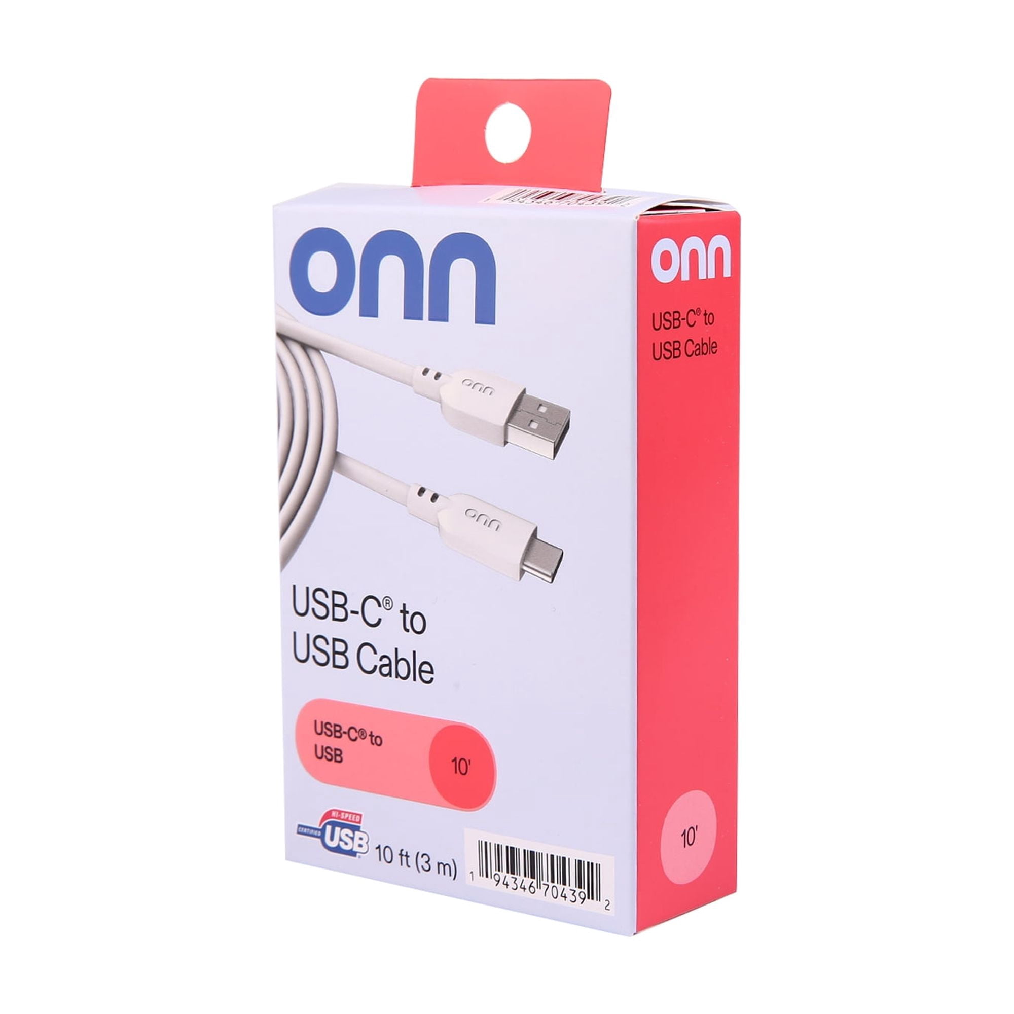 onn 10-Foot USB-C to USB-A Cable, White