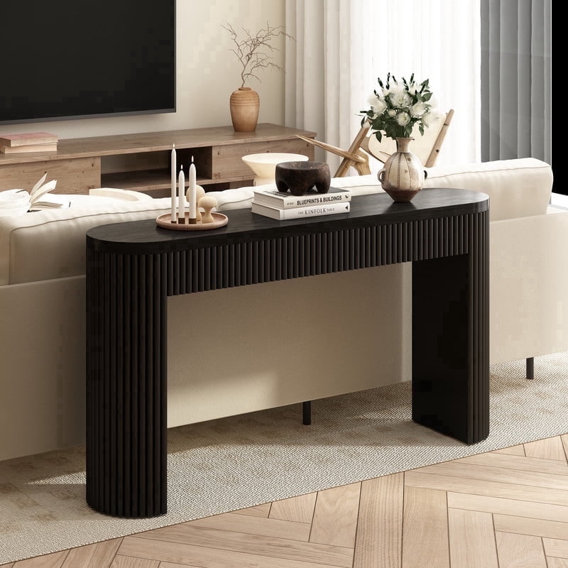 55'' Fluted Wood Console Table with Drawer, Narrow Entryway Table Behind Couch for Living Room Hallway,Black