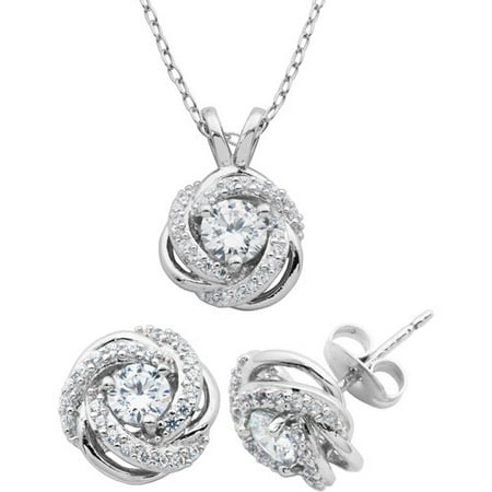 CZ Sterling Silver Celtic Knot Halo Pendant and Earring Combo Set, 18